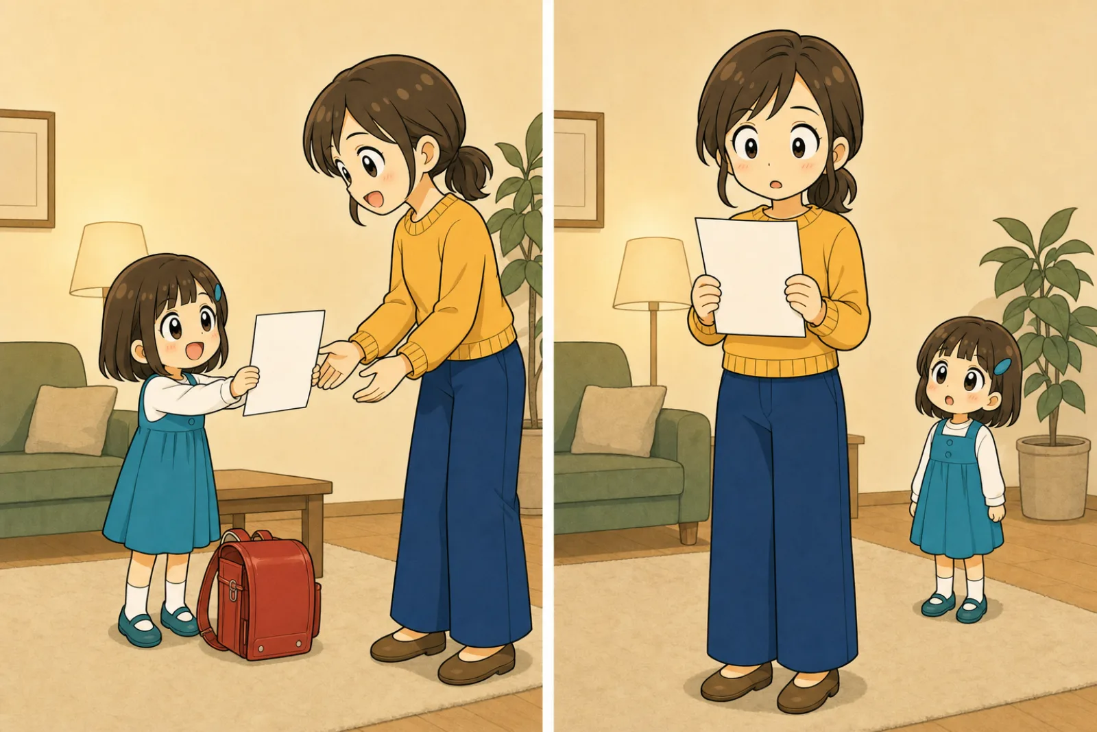 夜のリビングで作品展のお知らせを差し出す娘と、それを受け取って読み、立ったまま固まる母親の2コマ