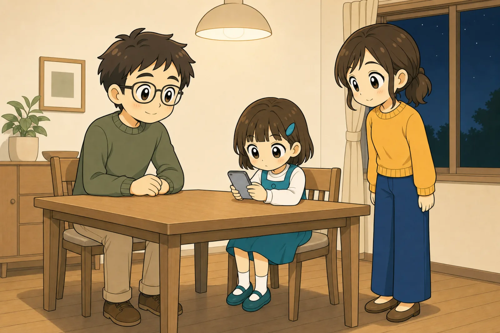 夜のダイニングで、母親のスマートフォンを借りて自分の役割を自分で打ちこんでいる娘と、それを待っている父親と母親