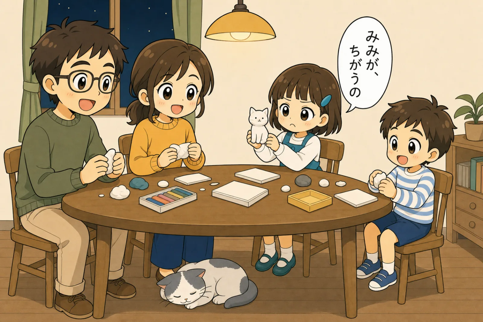 木曜の夜、紙ねんどで猫を作りながら「みみが、ちがうの」と言う娘と、テーブルの下で耳を寝かせて眠っている本物の猫
