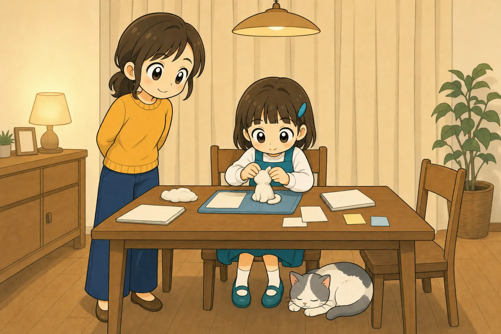 夜のダイニングテーブルで、紙ねんどをこねて猫の形を作っている小学生の娘と、それを見ている母親、テーブルの下で寝ている猫