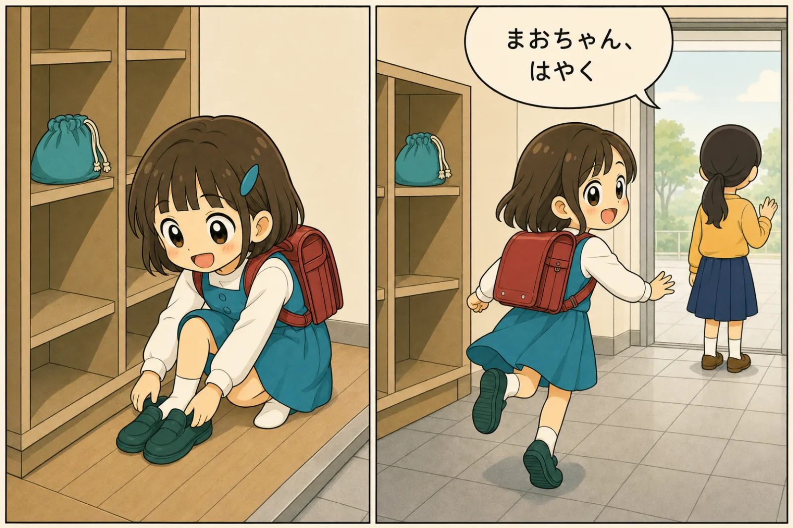 放課後の昇降口で、下の段の靴を取って履き、上の段の上履き袋を見ないまま友だちのほうへ走り出していく小学生の女の子2コマ
