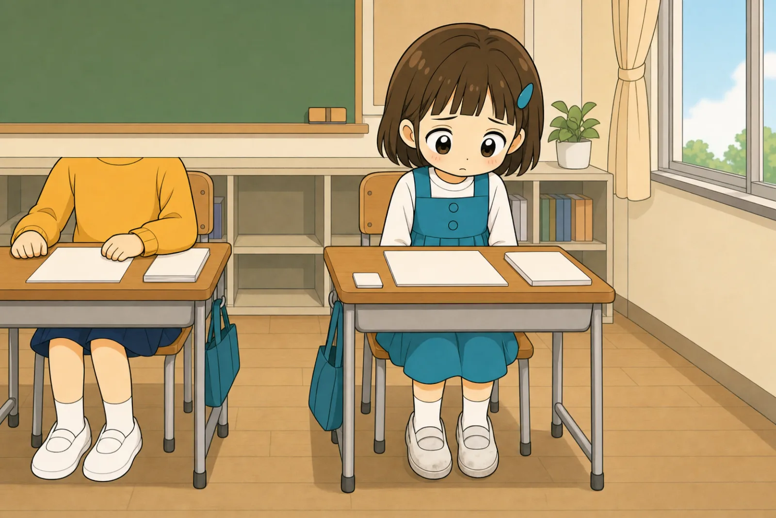 月曜の教室で、友だちの真っ白な上履きと、自分のくすんだ色の上履きを見くらべている女の子