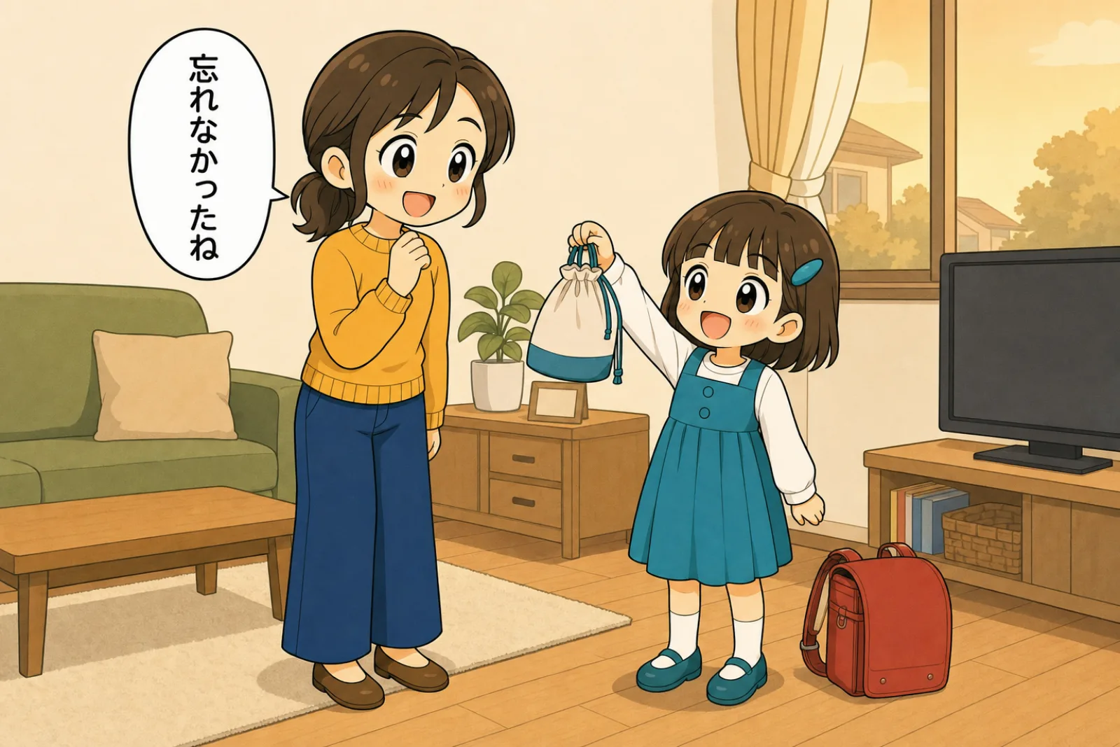 金曜の夕方、ランドセルから上履き袋を取り出して見せる娘と、「忘れなかったね」と笑っている母親