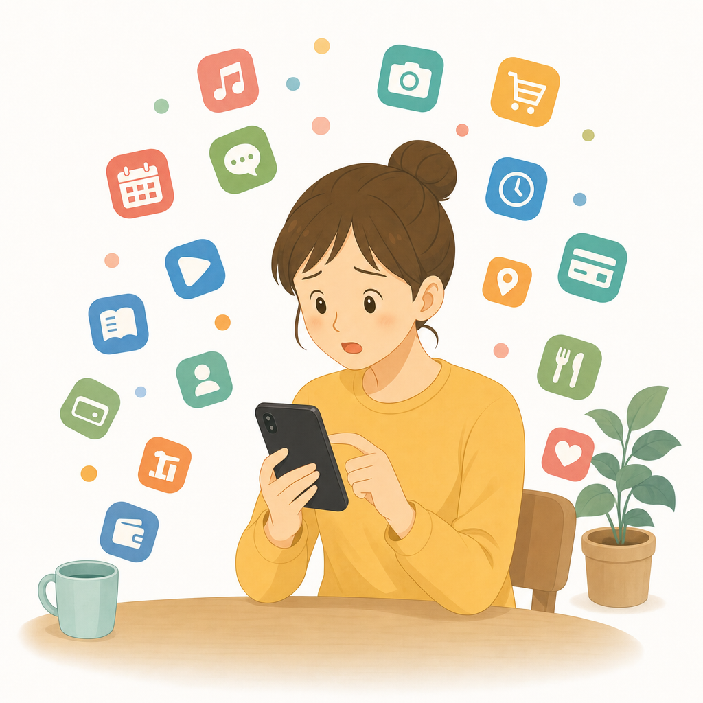 複数のアプリアイコンが散在しているイラスト