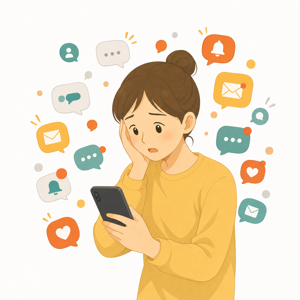 通知やメッセージが溢れてうんざりしている人のイラスト