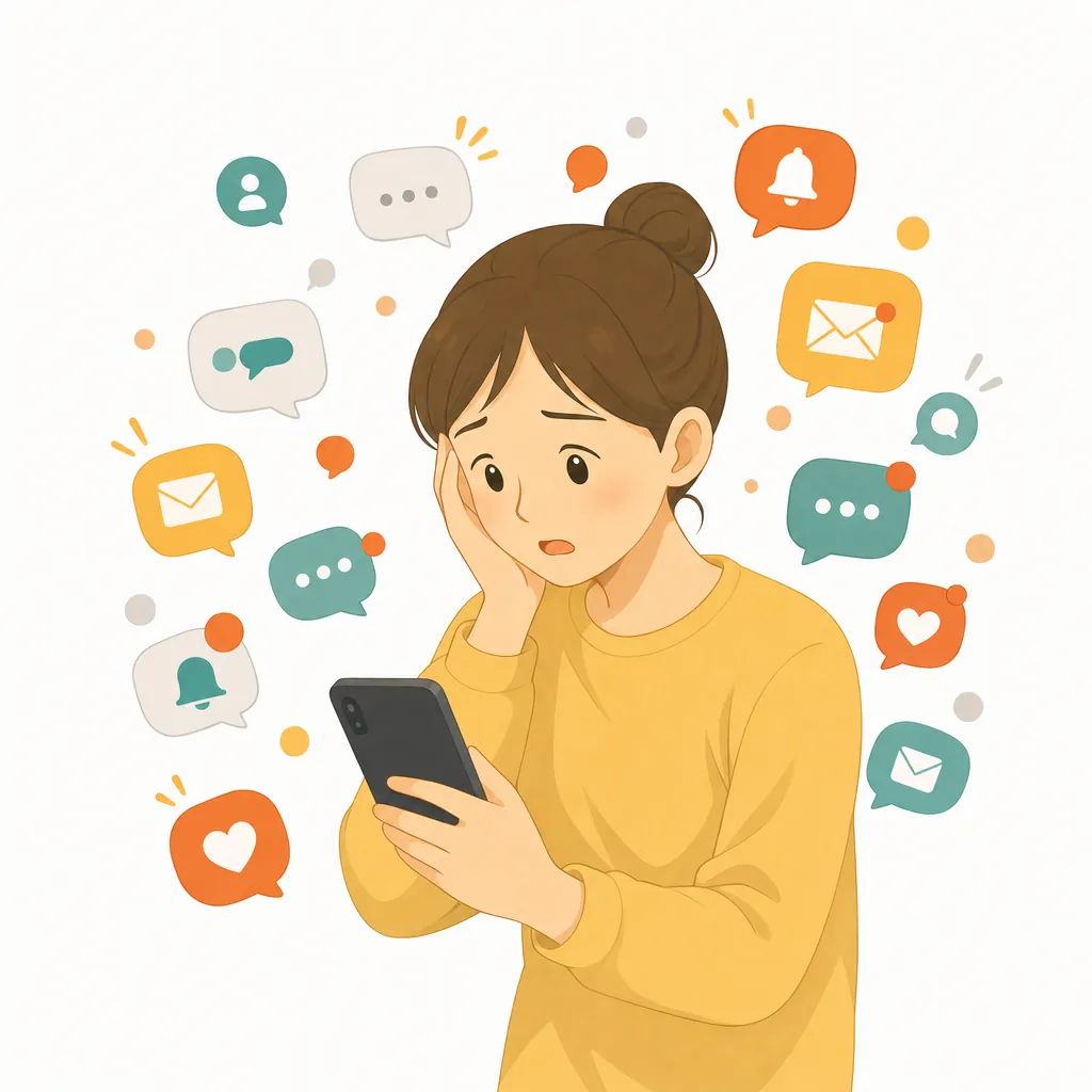 通知やメッセージが溢れてうんざりしている人のイラスト