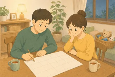 日曜の夜、ダイニングテーブルで向かい合い、予定表を見ながら話す夫婦