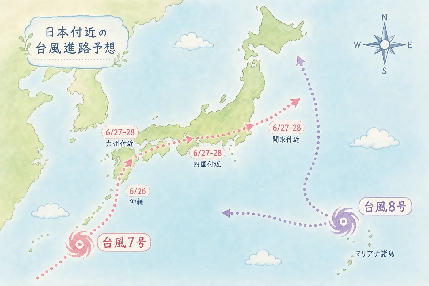 台風7号・8号の進路予想図。台風7号は沖縄から九州・四国・関東方面へ北上、台風8号はマリアナ諸島から日本の南海上を西進する予想