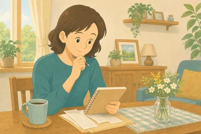 自宅のテーブルで家計や将来設計を落ち着いて確認する女性の様子