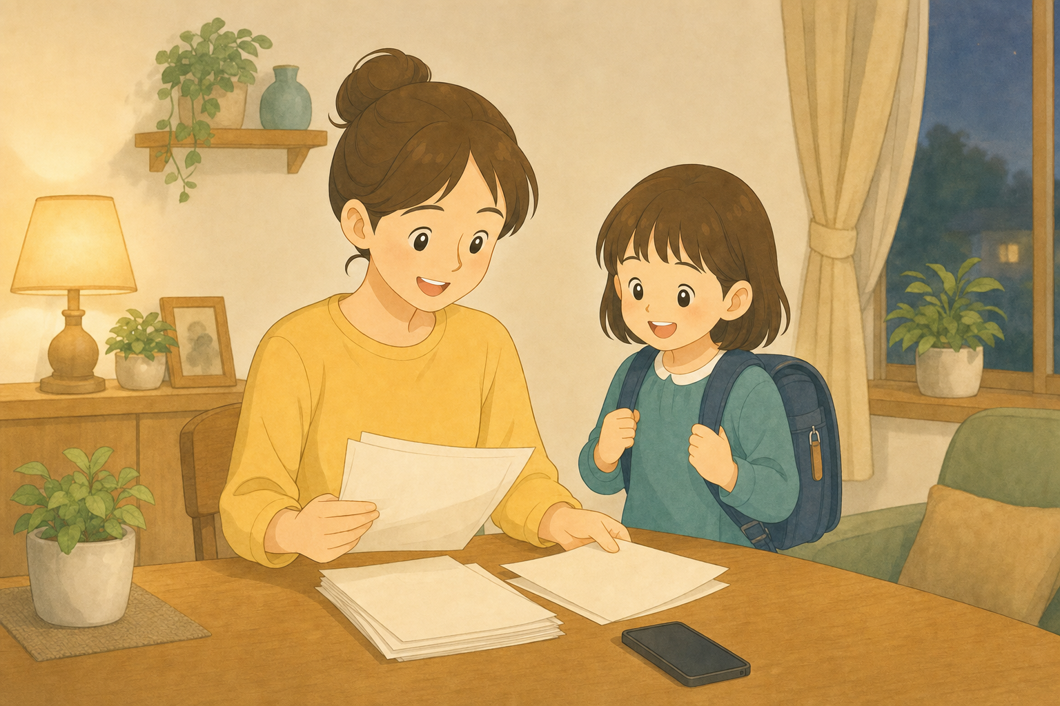 母親と子どもがダイニングテーブルで学校のプリントを確認する様子