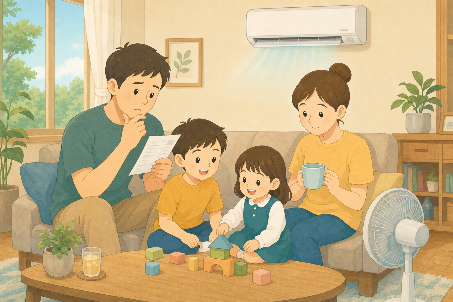 エアコンの効いた部屋で電気代について話し合う家族の様子