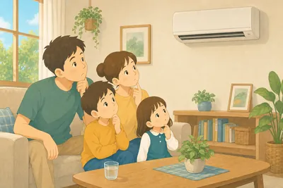部屋のエアコンを見上げて買い替えを検討する家族の様子