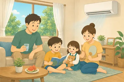 エアコンの効いた涼しい部屋でくつろぐ家族の様子