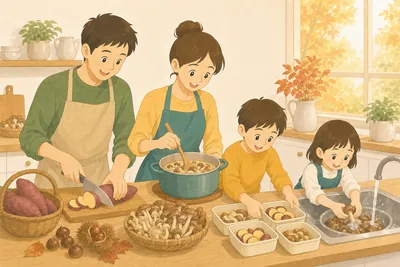秋の週末の台所で、父親がさつまいもを切り、母親が鍋でキノコを煮込み、子ども2人が洗ったキノコを保存容器に並べている様子。かごにはさつまいもと栗が盛られている
