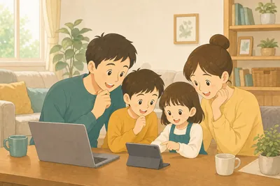 リビングのテーブルでノートパソコンやタブレットの購入計画を話し合う家族の様子