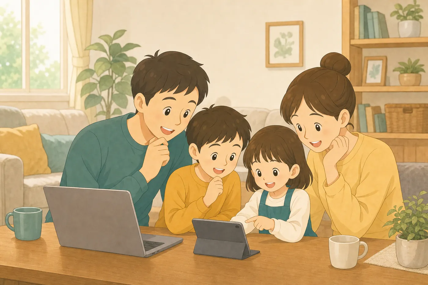 リビングのテーブルでノートパソコンやタブレットの購入計画を話し合う家族の様子