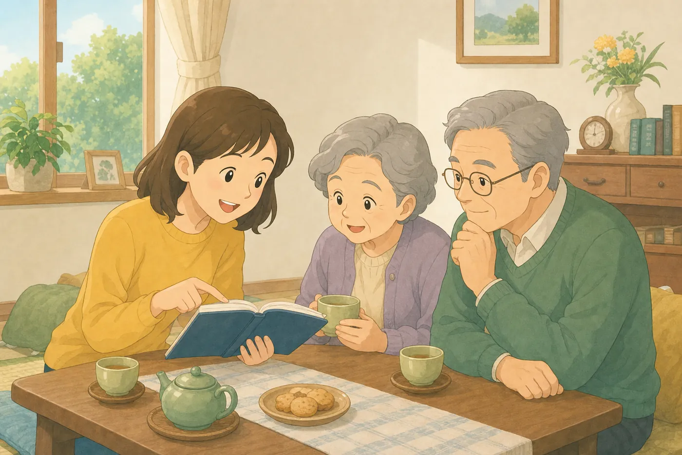 リビングで家族の資産について落ち着いて話し合う様子