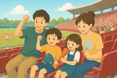野球場のスタンドで家族みんなで試合を観戦して応援する様子