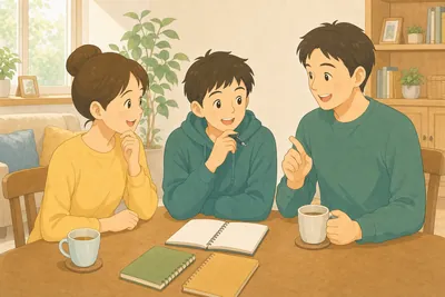 リビングのテーブルで子どもの進路や将来の仕事について話し合う家族の様子