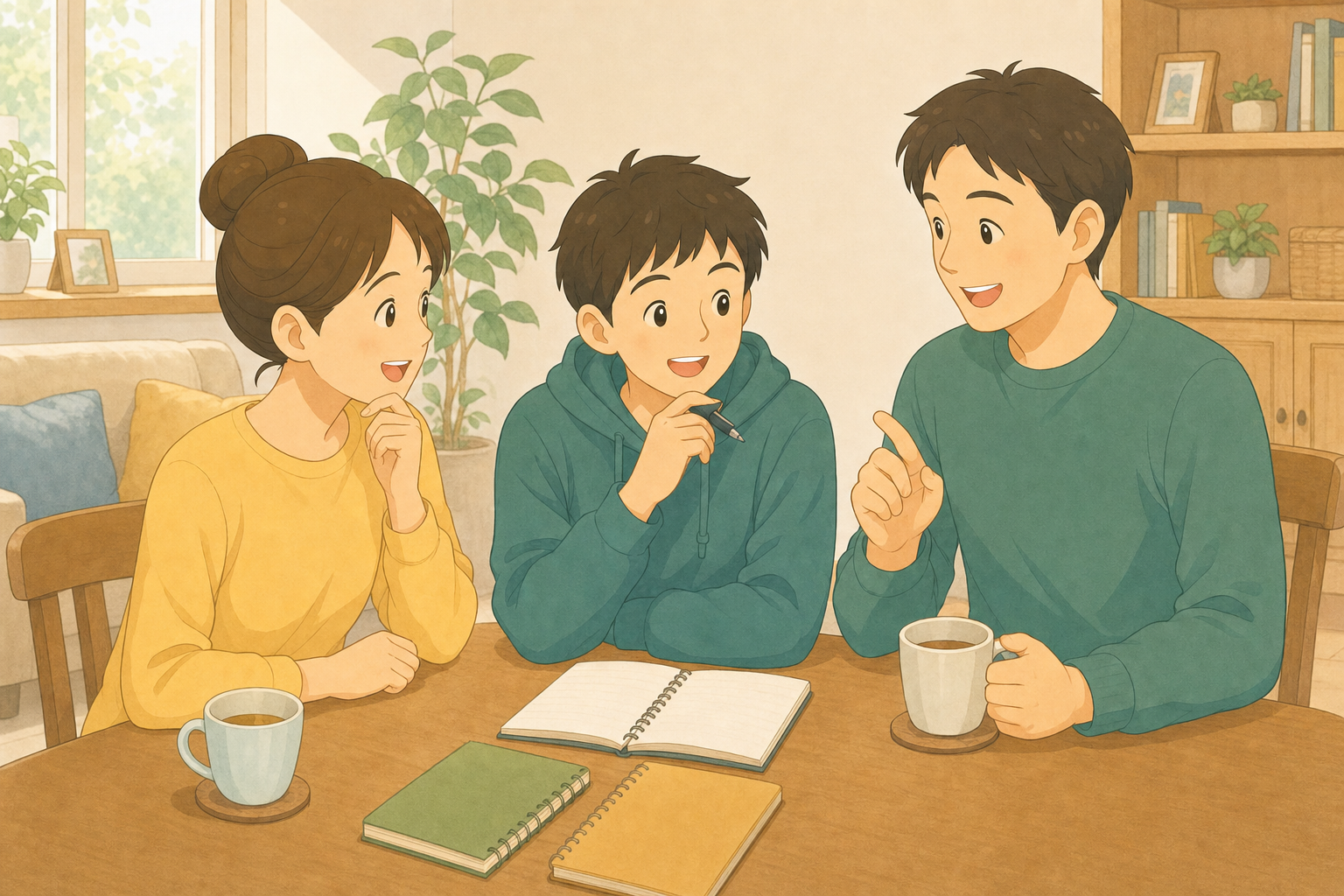 リビングのテーブルで子どもの進路や将来の仕事について話し合う家族の様子