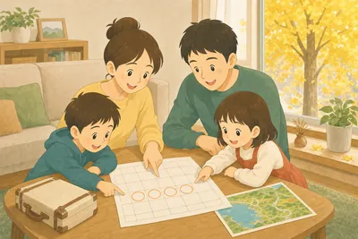 秋の週末の朝、リビングのテーブルを囲んだ両親と子ども2人が、丸印をつけた予定表を指さしながら連休の計画を立てている様子。窓の外では銀杏が黄色く色づき、そばにスーツケースと地図が置かれている
