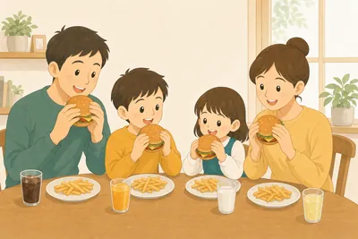 テーブルに並んだハンバーガーを囲んで楽しそうに食事をする家族の様子