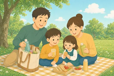 公園でピクニックバッグから冷たい飲み物を取り出す家族の様子