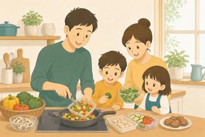 キッチンで市販の食材を使って手軽に料理を仕上げる家族の様子