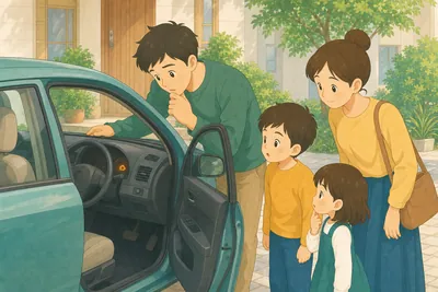 車のそばで点灯した警告灯を一緒に確認する家族の様子