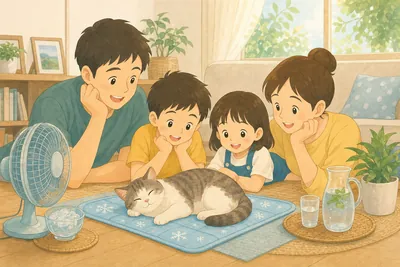 涼しそうな場所でくつろぐ猫と、それを見守る家族の様子