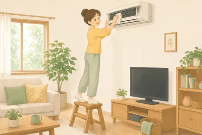 踏み台に乗ってエアコンをクリーニングする女性の様子