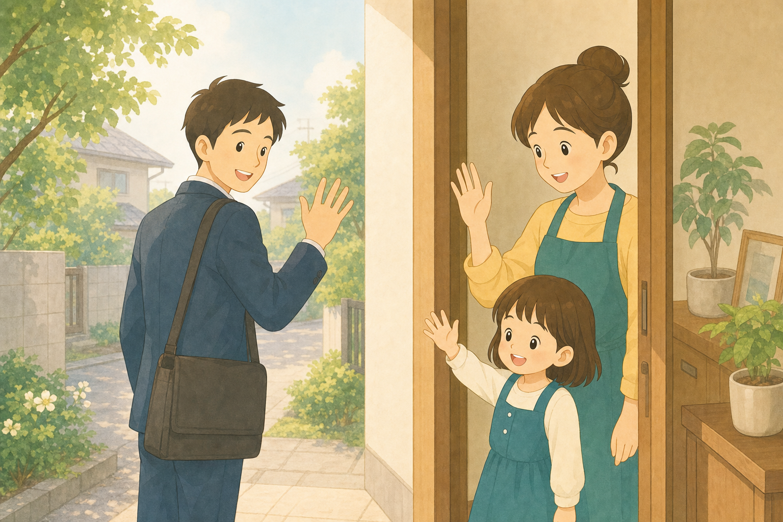 朝の玄関で出勤する父親を家族が見送る様子