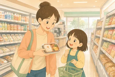 コンビニで親子が楽しそうにお弁当を選んでいる様子