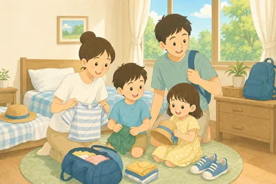 夏の軽装で出かける準備をする家族の様子
