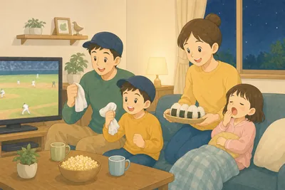 夜のリビングで、野球帽をかぶった父親と息子がタオルを握ってテレビの野球中継を応援し、母親がおにぎりを運んでくる。パジャマ姿の娘はソファであくびをしている