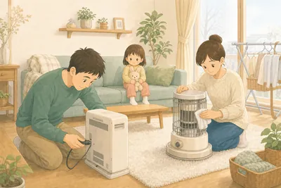 初冬の前の週末のリビングで、父親が電気ヒーターの電源プラグとコードを確かめ、母親が石油ストーブを布で拭いて掃除し、ソファに座った幼い子がうさぎのぬいぐるみを抱えて見守っている様子