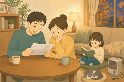 秋の夕方のリビングで、夫婦がテーブルに並んで1枚の紙の明細を見ている。そばで娘がクッションに座って本を読み、床では猫が眠っている。部屋の隅には小さなヒーターが置かれている