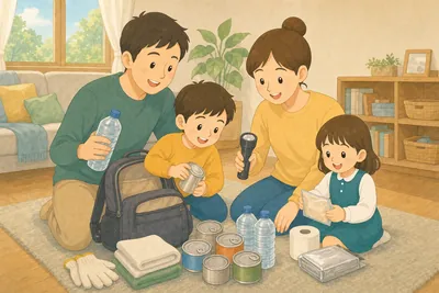 防災グッズを用意して家族で備える様子