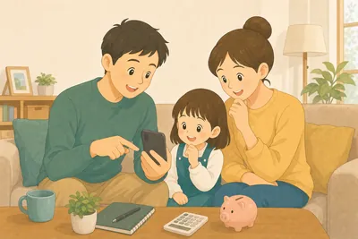 リビングでスマートフォンの銀行アプリを見ながら家計や通信費を話し合う家族の様子