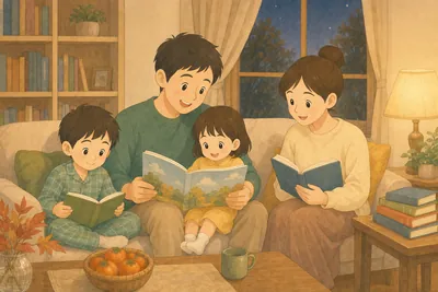 秋の夜、ランプの灯るリビングのソファで、父親が膝に座る幼い子に絵本を読み聞かせ、隣で兄が本を読み、母親も本を開いている様子。サイドテーブルには本が積まれ、手前のかごには柿が置かれている