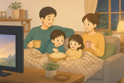 夜のリビングで、家族4人がブランケットをかけてソファに並び、テレビで映画を観ている。子どもたちはポップコーンを食べ、両親はマグカップを手に話している