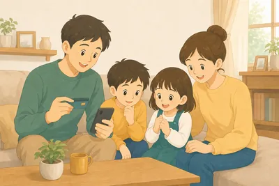 スマートフォンでキャッシュレス決済やポイントを確認する家族の様子