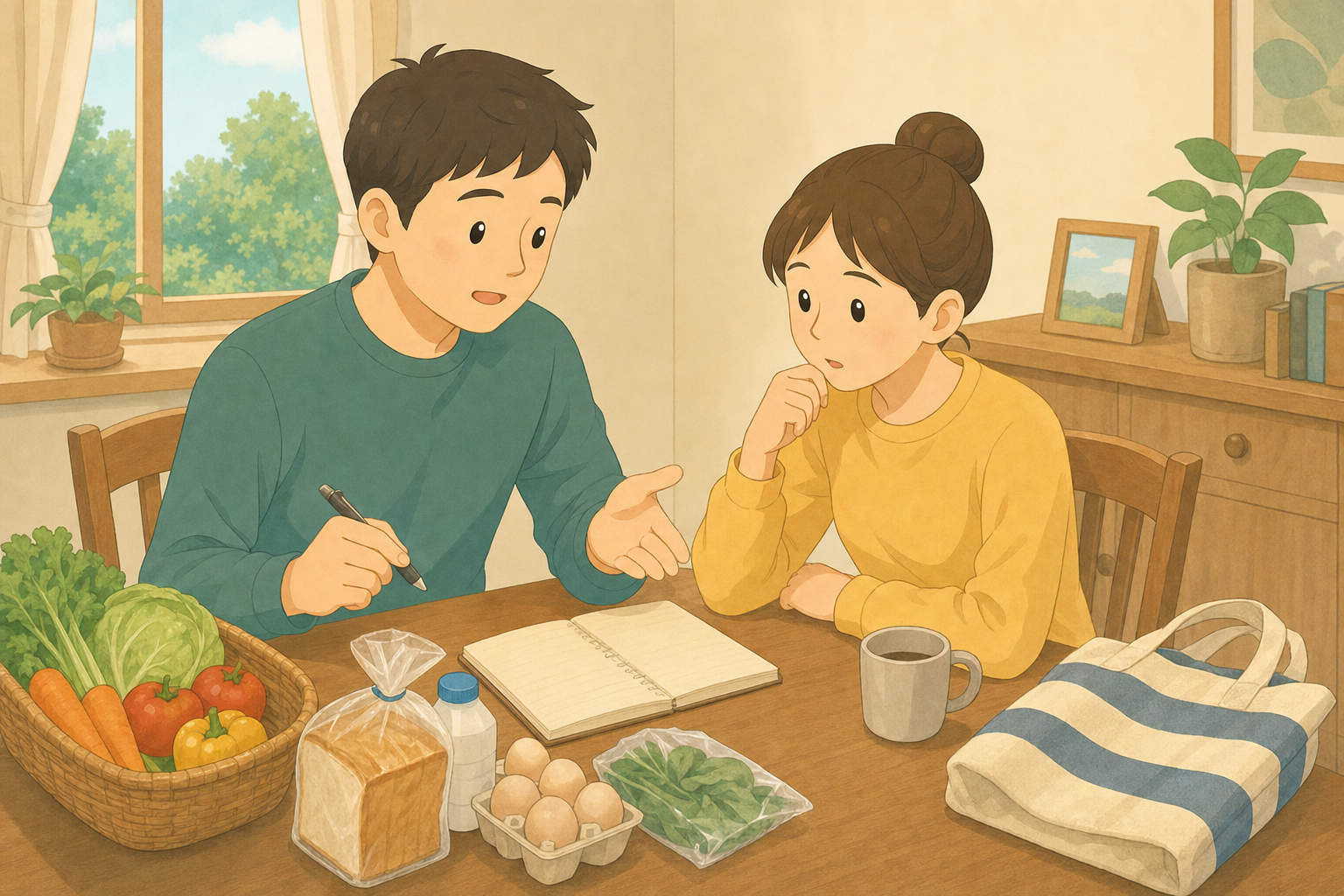 リビングで家計やお小遣いについて話し合う夫婦の様子