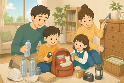 家族で防災の備えを確認する様子