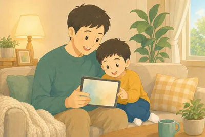 タブレットで電子書籍を読んで過ごす親子の様子