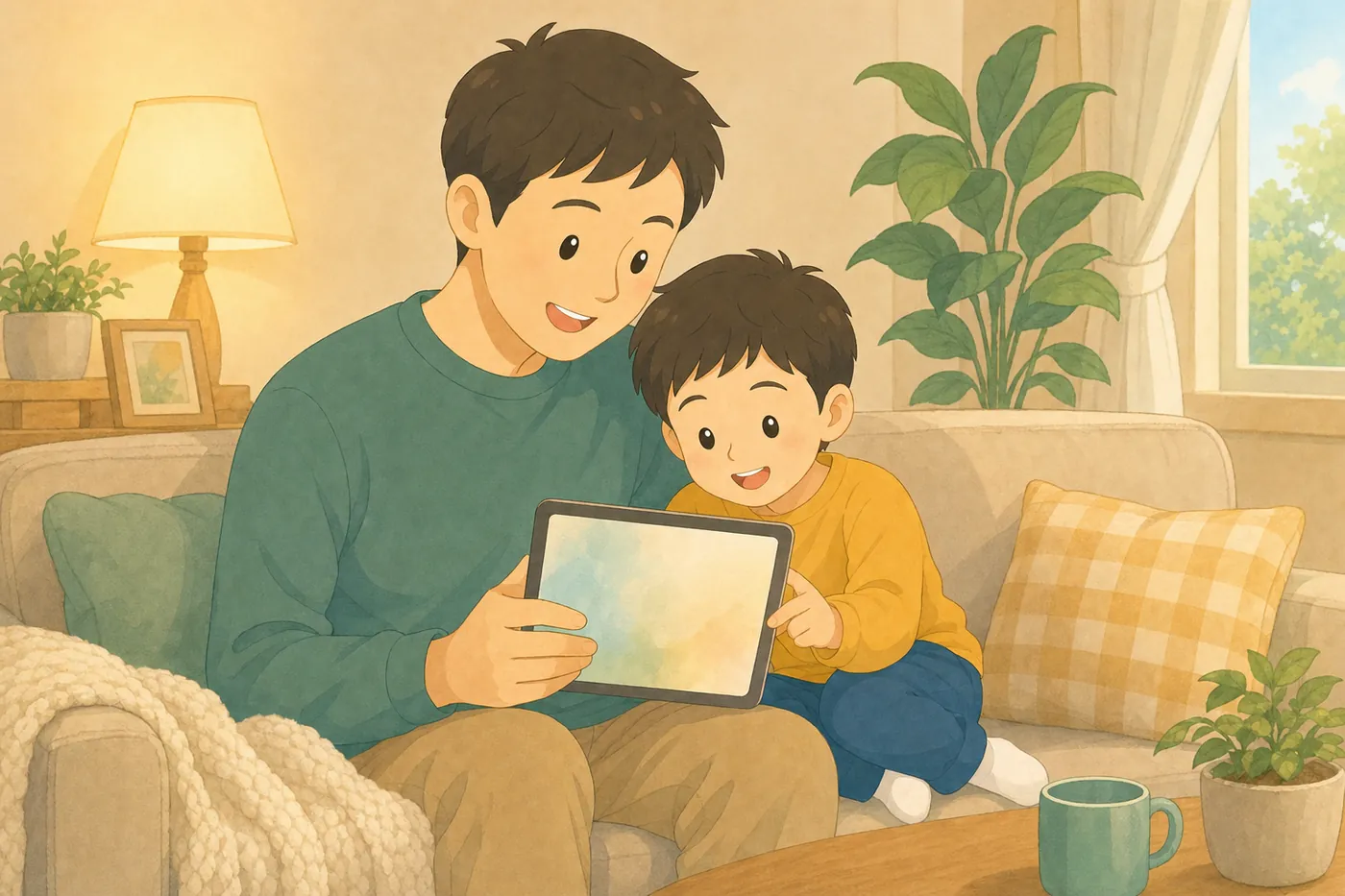 タブレットで電子書籍を読んで過ごす親子の様子