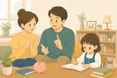 リビングで子どもの将来や教育費について話し合う家族の様子