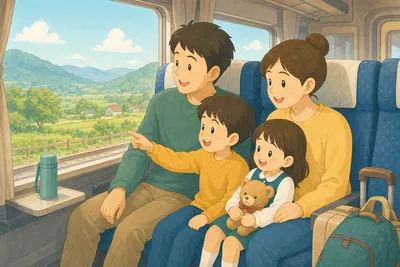 家族で電車に乗って帰省する様子