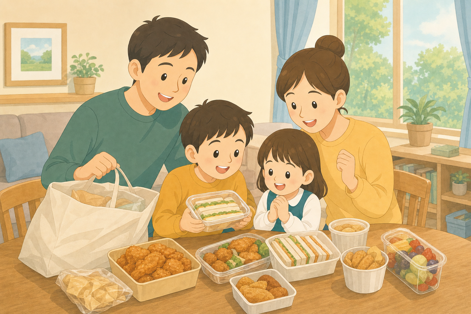コンビニの増量商品を家族で楽しそうに選ぶ様子