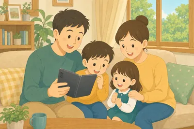 折りたたみスマートフォンを家族で見ながら話し合う様子